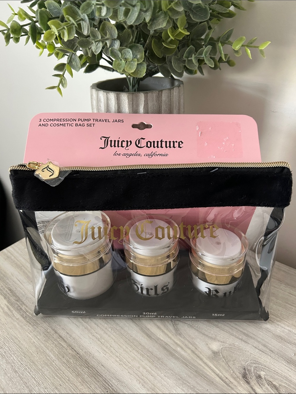Juicy Couture Clear Travel Cosmetic Pouch with 3 jars NWT